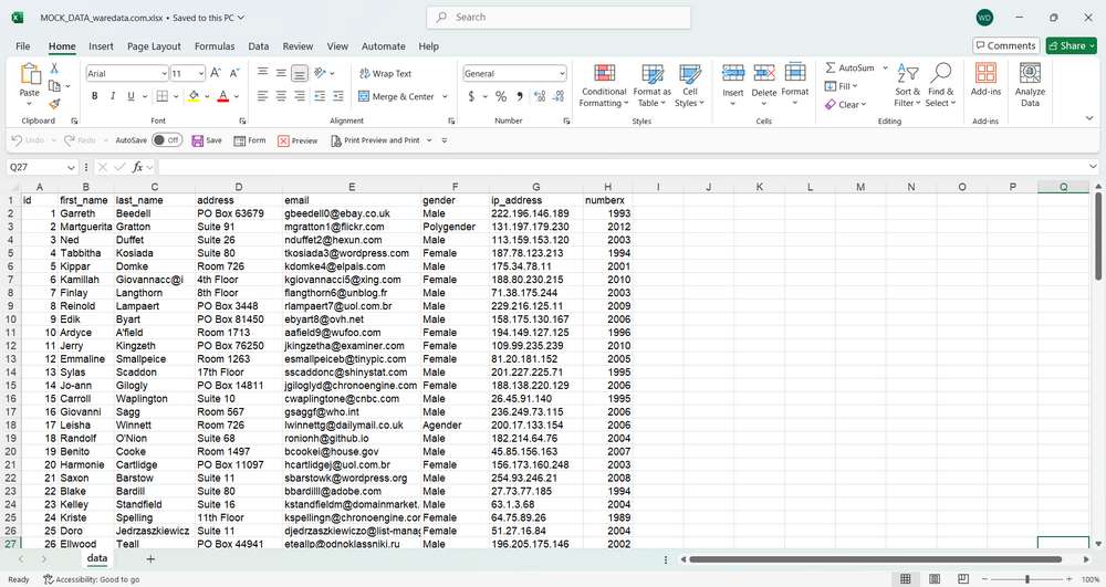 Dummy Data for Excel