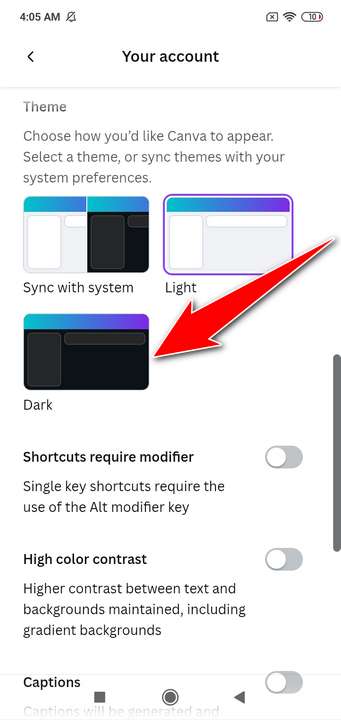 How to switch to dark mode canva android - step 5